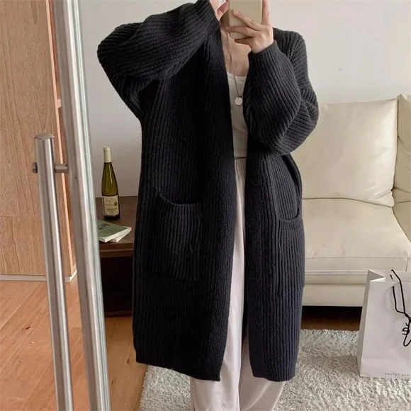 #40 GORGEOUS Chunky Thick Long Over Knee Rib Black Brush Soft Cardigan - Picture 3 of 8